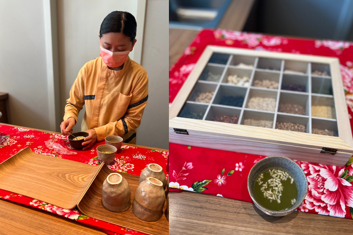 「星のやグーグァン」館内のお休み処で擂茶がふるまわれていました。